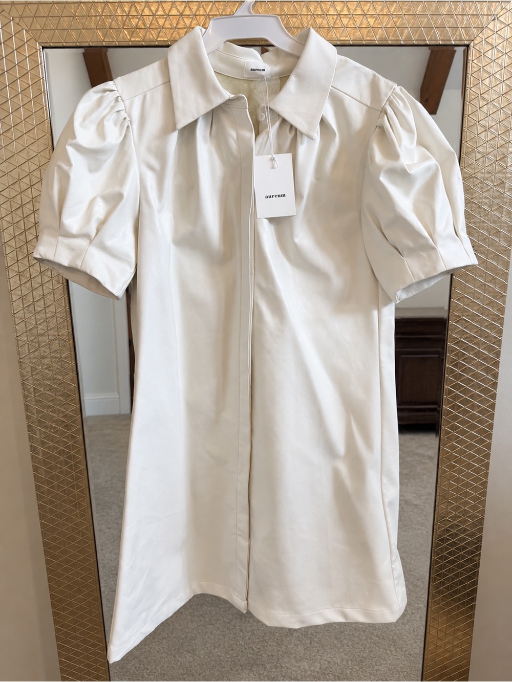 Cream Puff-Sleeve Mini Shirt Dress